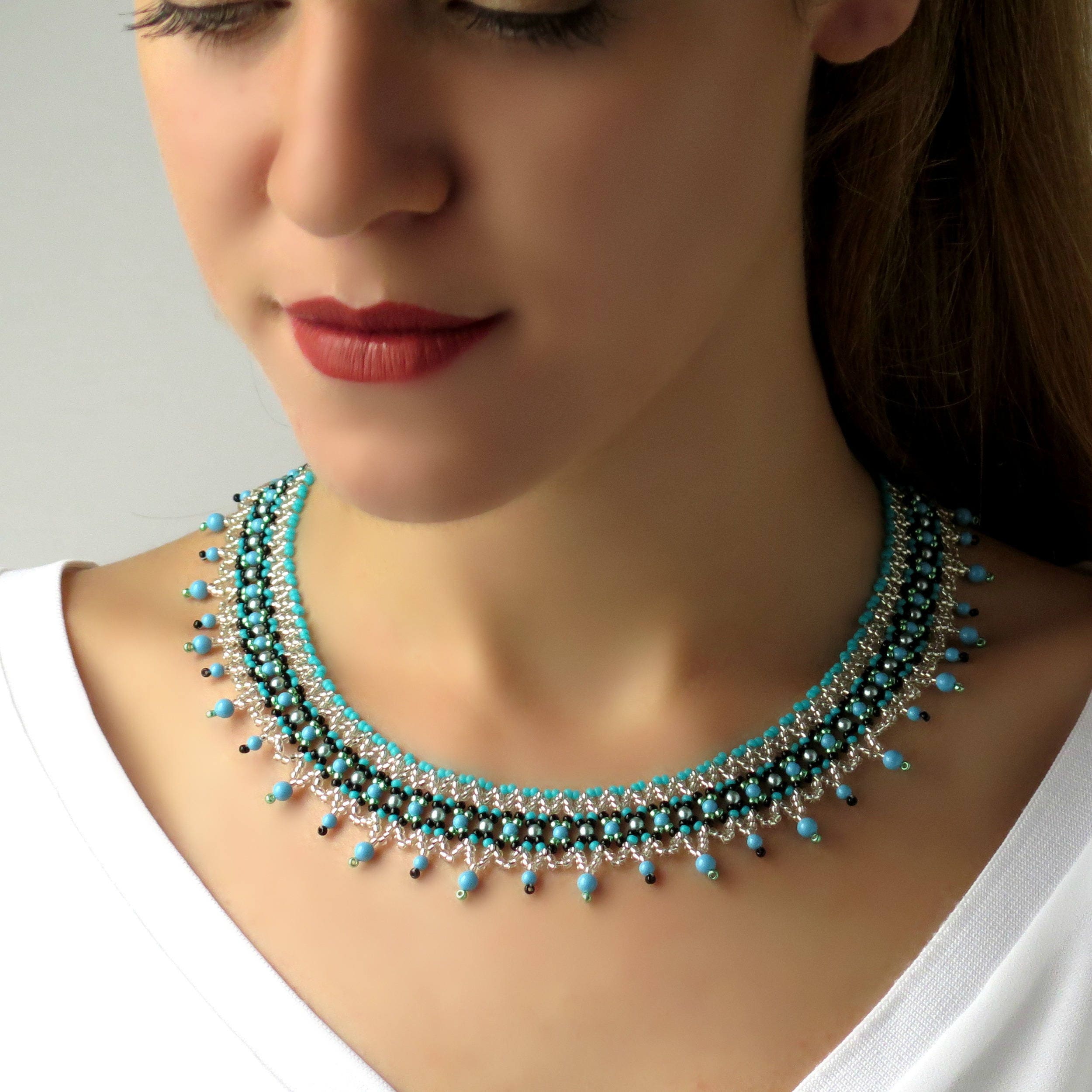 Blue statement beaded necklace, Black and blue necklace, Turquoise and black necklace, Party necklace
