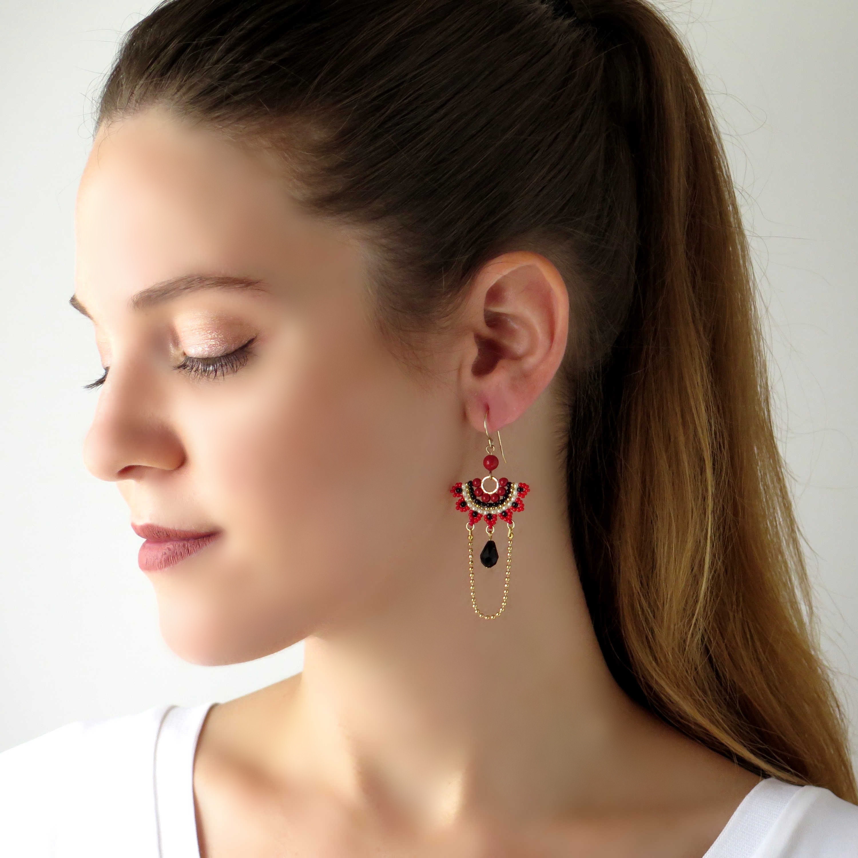 Crystal drop statement earrings, Red and black earrings for women, Boho statement earrings, Dangle bead earrings