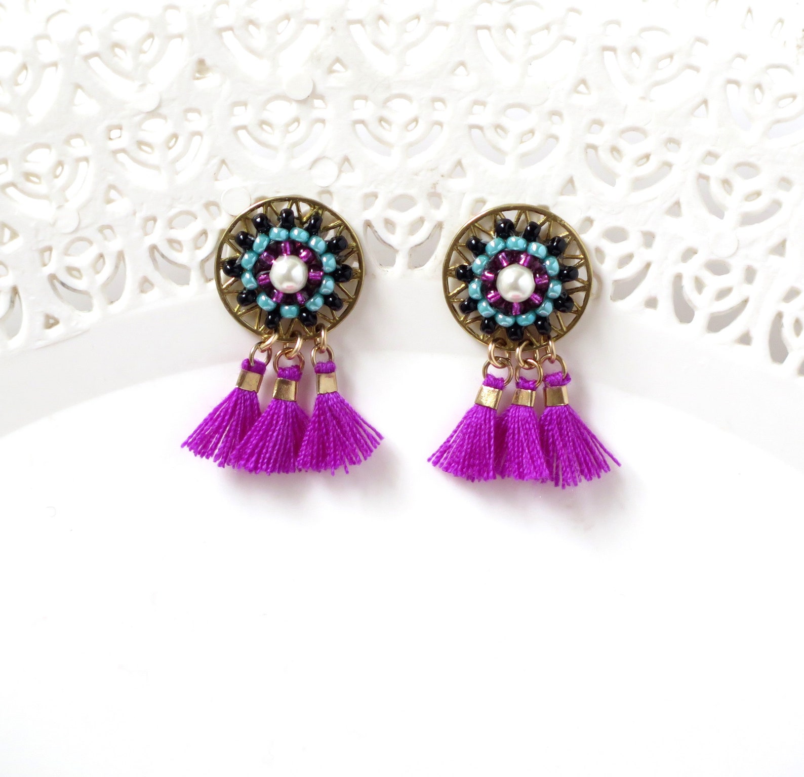 Tassel Stud Earrings Funky Earrings Studs Pink and Black Etsy UK