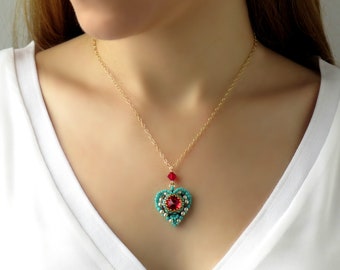 Heart pendant necklace, Turquoise and red necklace, Romantic necklace, Handmade beaded jewelry, Gift for women, Sweet 16 gifts for girls