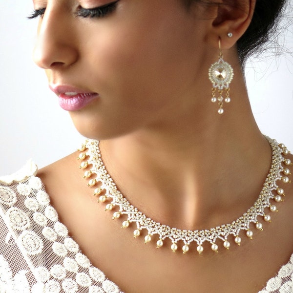 Wedding jewelry for brides, Swarovski pearl jewellery set, Pearl and crystal hand beaded jewelry