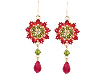 Swarovski Green and Red Crystal Earrings, Hand-Beaded Red & Green, Unique Spring Flower Dangle Design, Women's Gift Idea, Seed Bead Jewelry