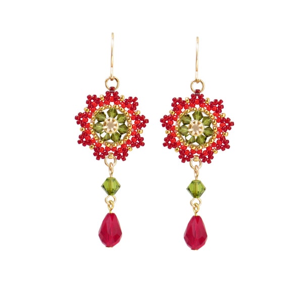 Swarovski Green and Red Crystal Earrings, Hand-Beaded Red & Green, Unique Spring Flower Dangle Design, Women's Gift Idea, Seed Bead Jewelry