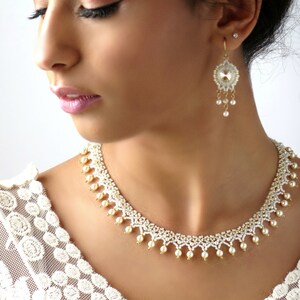 Chandelier wedding earrings, Swarovski champagne crystal and pearl bridal earring Earring and necklace