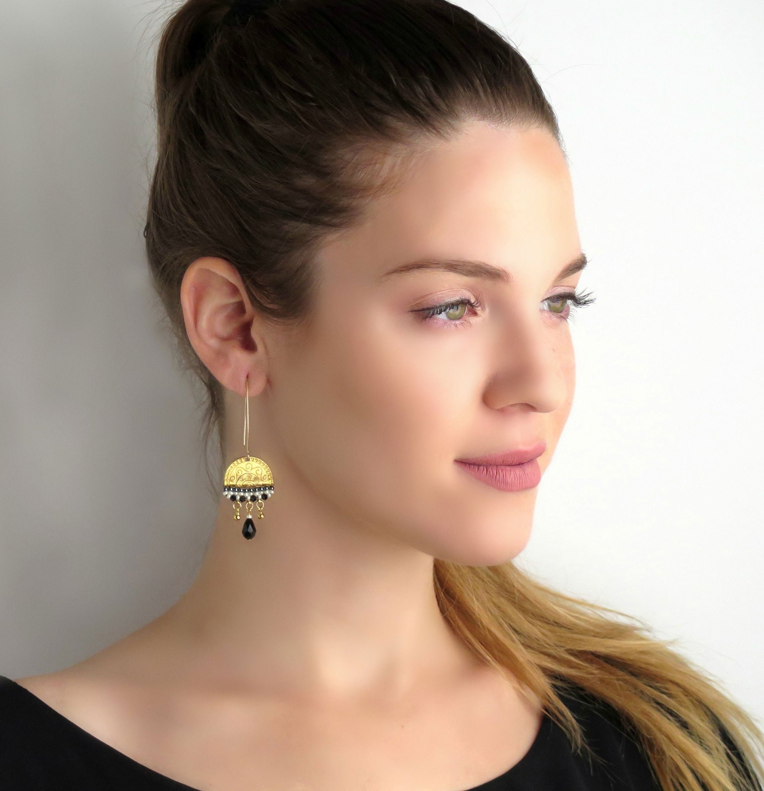 Black and gold drop earrings, Boho statement earrings, Ethnic earrings, Long dangle earrings, Swarobski crystal beaded earrings