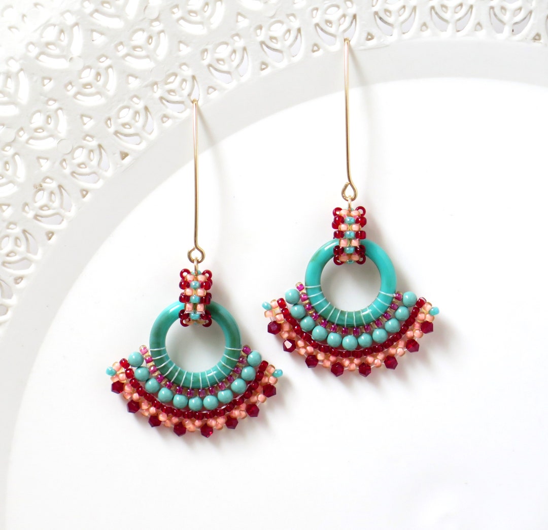 Long Boho Earring Turquoise and Red Beaded Earring Acrylic - Etsy UK