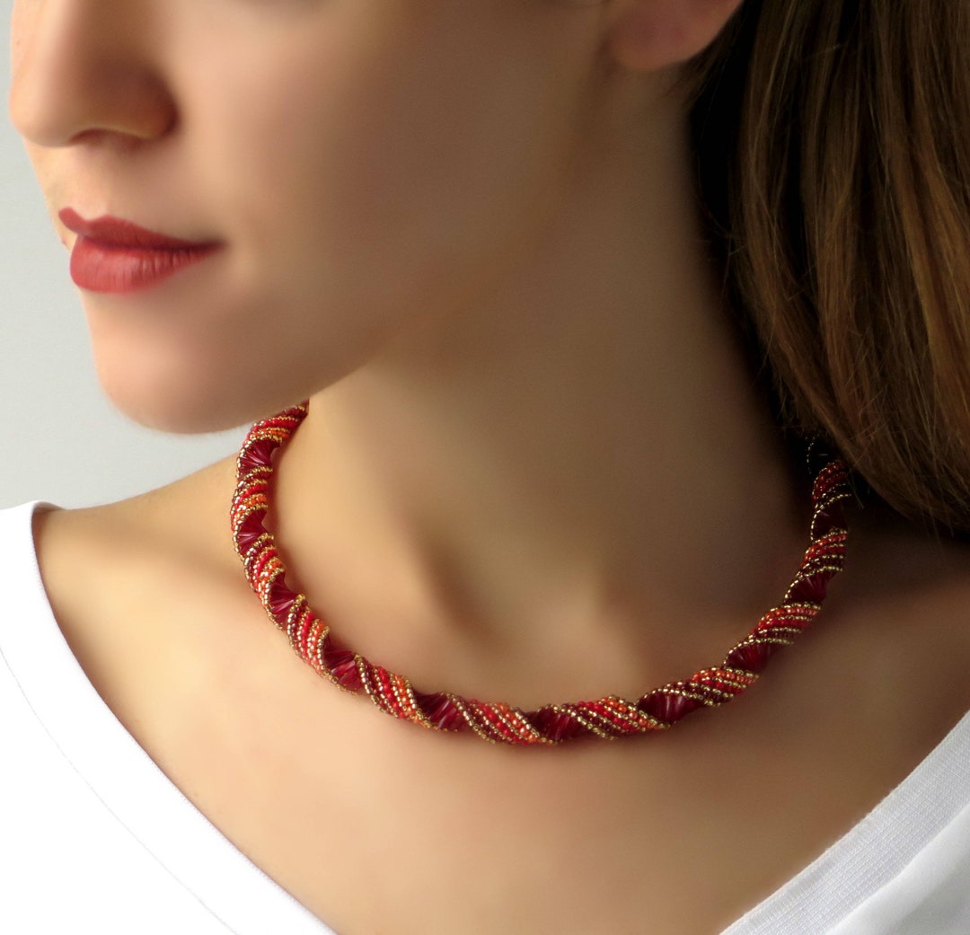 Red Spiral Beaded Necklace for Women, Red Necklace and Earring Set ...