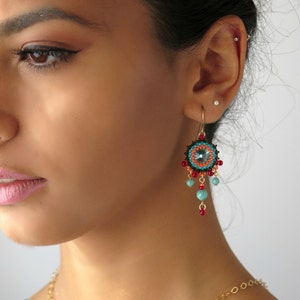Boho chandelier earrings, Turquoise and red dangle earrings, Colorful swarovski crystal drop earrings, Multi color boho chic earrings