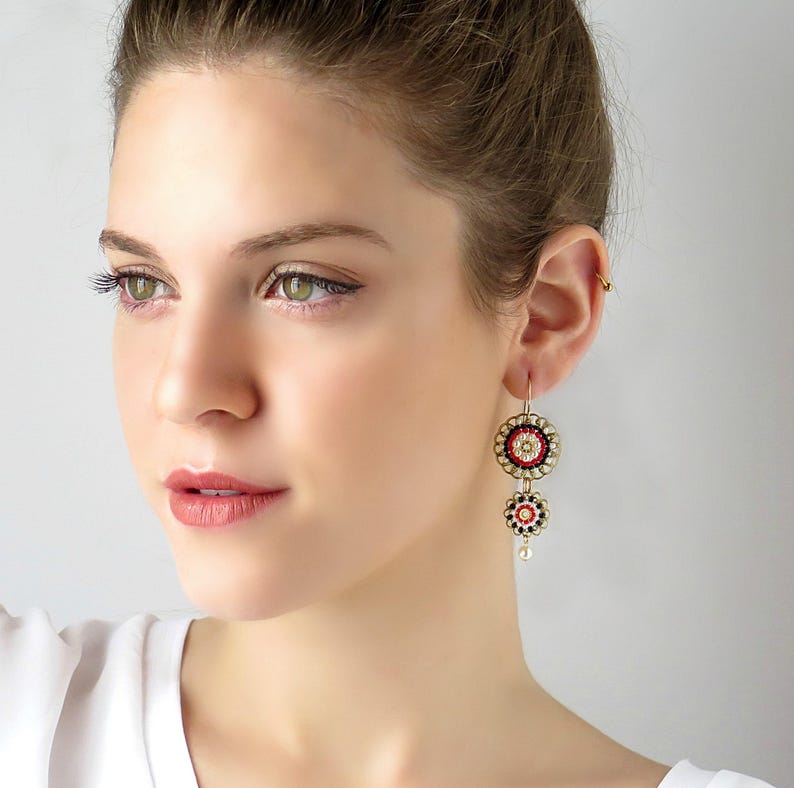 Black & red double circle large beaded earrings, Long dangle earrings, Big funky earrings for women image 1
