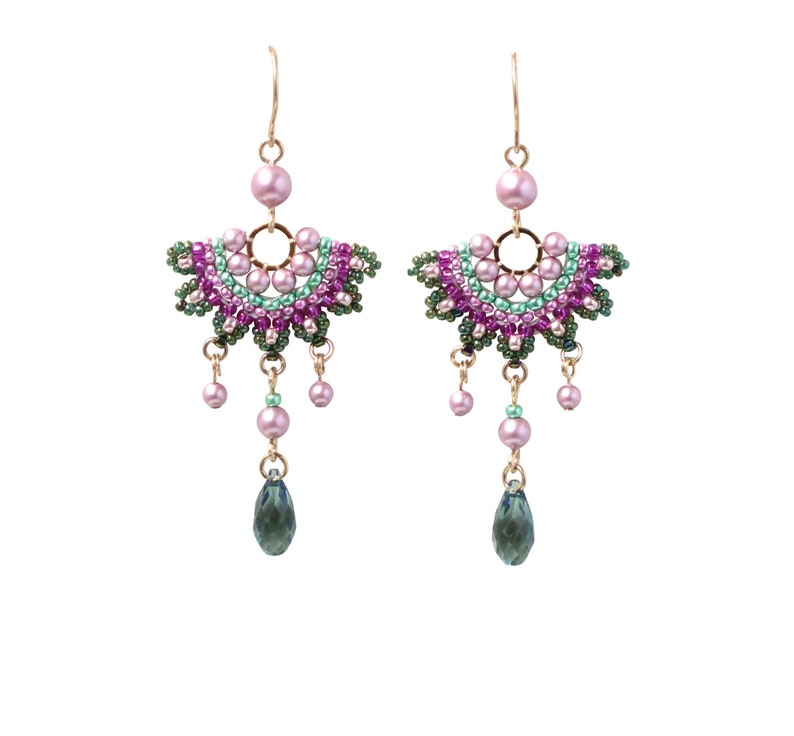 Handmade Green and Pink Beaded Chandelier Earrings, Unique Fashion Accessory for Women, Perfect for Special Occasions image 1