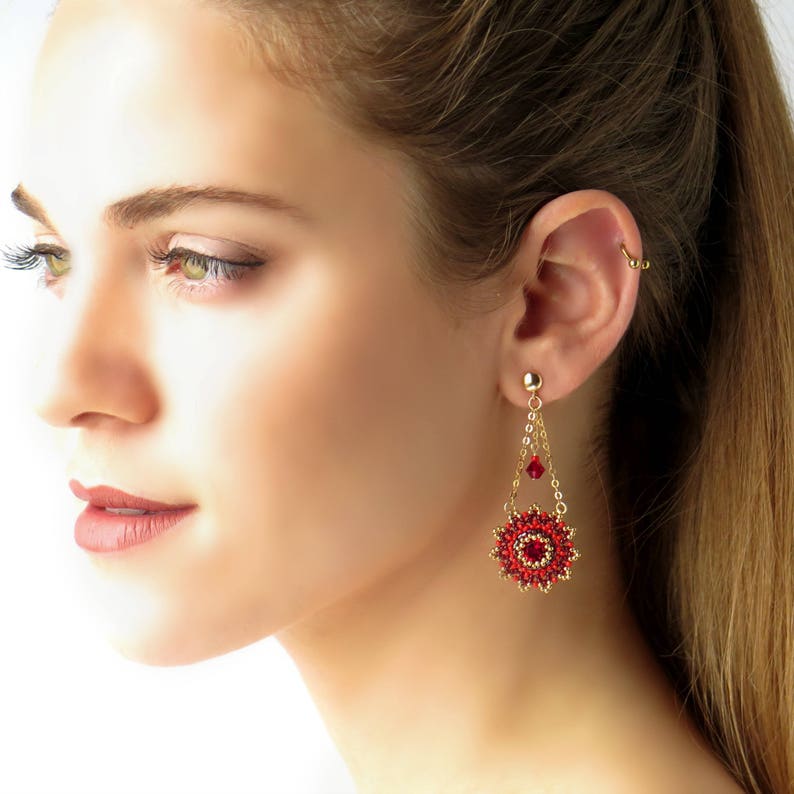 Red Dangle Red Dangle Bead Earrings, Swarovski Crystal Earrings, Fashion Dangling ...