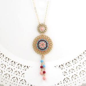 Colorful bright pendant necklace, Long Fringe beaded handmade necklcea for women