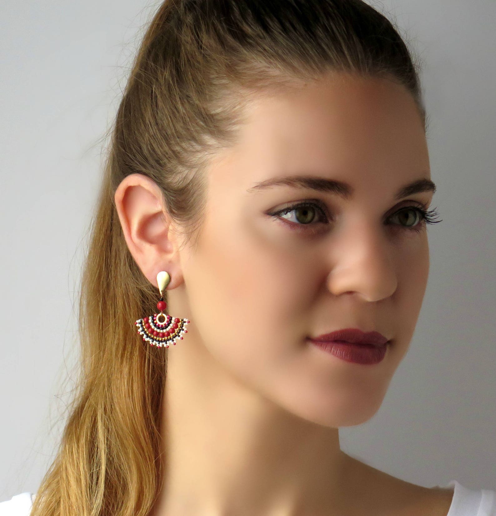 Fan earrings dangle Large stud earrings Black and red beaded Etsy