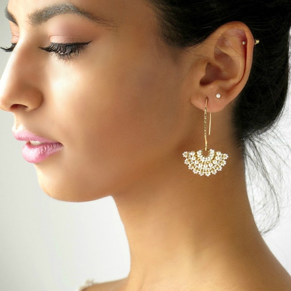 Swarovski Pearl Bridal Earrings, Unique Beaded Dangle for Wedding, Handmade Bride Accessory, Elegant White Wedding Jewelry