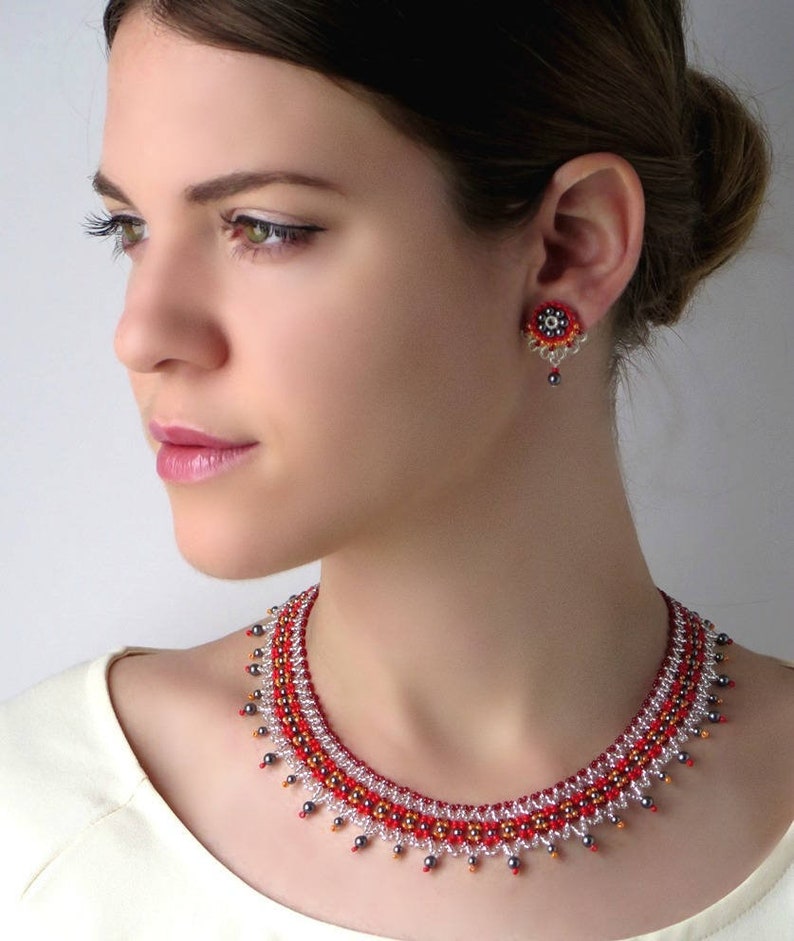 Red and Gray Necklace and Earring Set Hand Beaded Jewelry Etsy