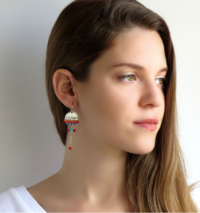 Boho silver and beaded chandelier earrings