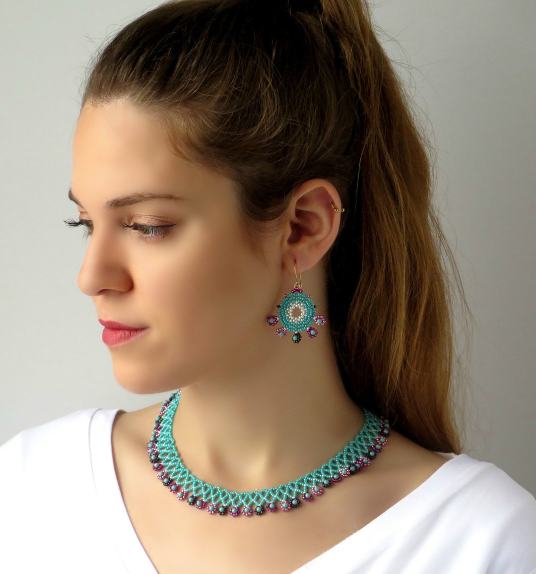 Statement Pink and Turquoise Handmade Beaded Jewelry Set - Etsy