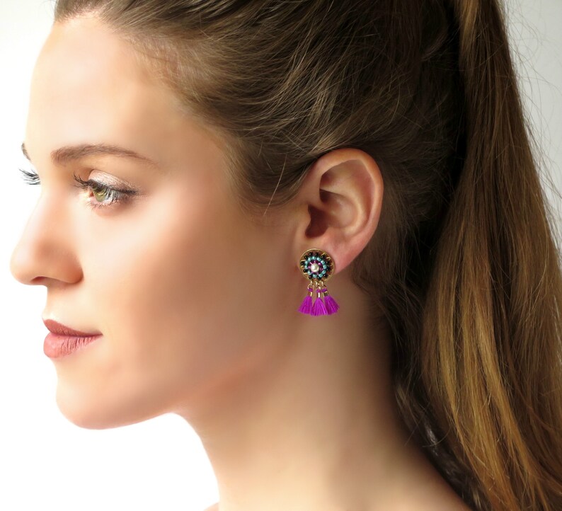 Tassel Stud Earrings Funky Earrings Studs Pink and Black Etsy UK
