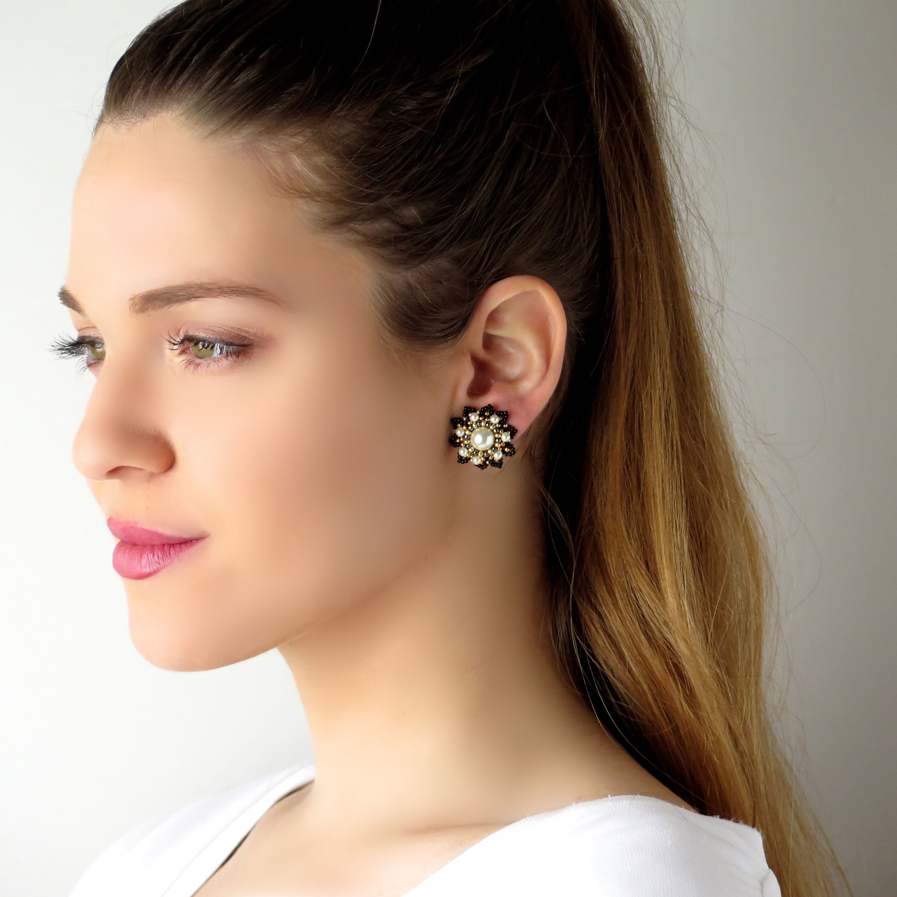Florem Strass Post Earrings in Black