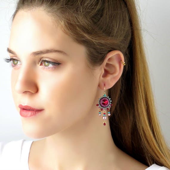 Statement chandelier earrings, Swarovski crystal dangle earrings, Colorful drop earrings, Turquoise and red beaded earrings, Party earrings