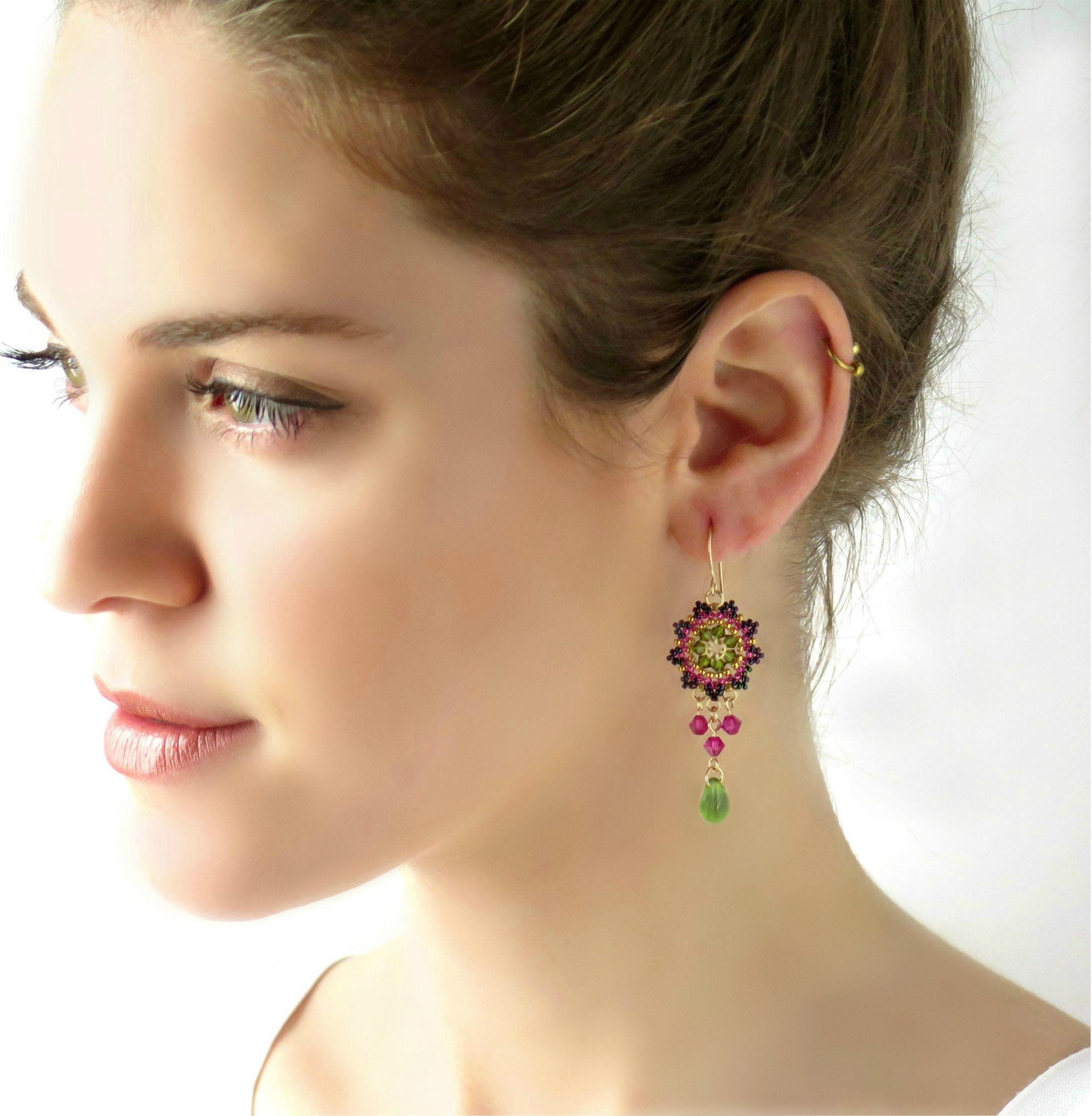 Swarovski Crystal Dangle Earrings, Pink and Green Boho Chandelier Style, Seed Bead Flower Design, Unique Valentine's Gift for Her Jewelry