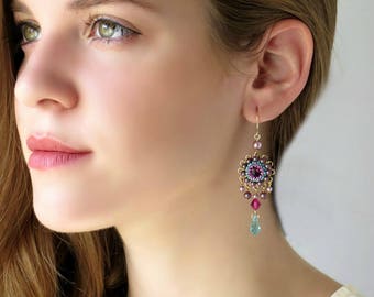 Statement chandelier earrings, Turquoise and pink earring, Long dangle earrings for women, Swarovski crystal drop beaded earrings