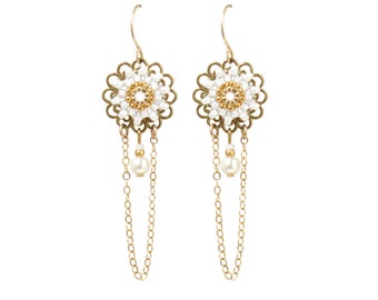 Delicate bridal earrings, Bridal chandelier earrings, Delicate pearl earrings, Dainty wedding earrings