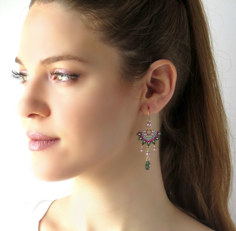 Handmade Green and Pink Beaded Chandelier Earrings, Unique Fashion Accessory for Women, Perfect for Special Occasions image 4