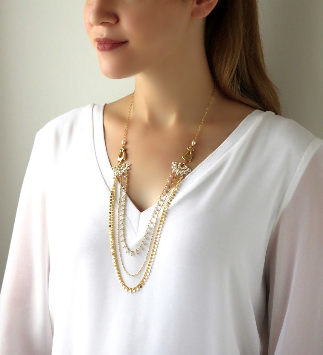 Gold-Plated Layered Necklace with Cross Pendant & Pearl Accents