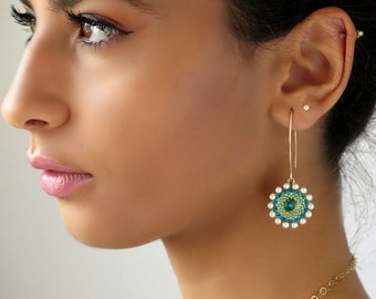 Swarovski Crystal and Pearl Long Turquoise Earrings, Statement Fashion Jewelry for Women, Unique Wedding Accessory