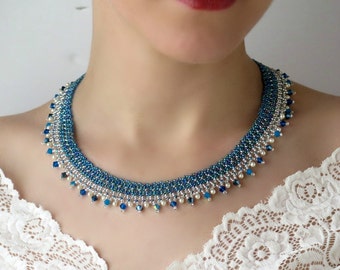 Blue statement necklace, Blue wedding jewelry, Pearl and crystal necklace, Seed bead necklace, Blue jewelry set, Evening jewelry
