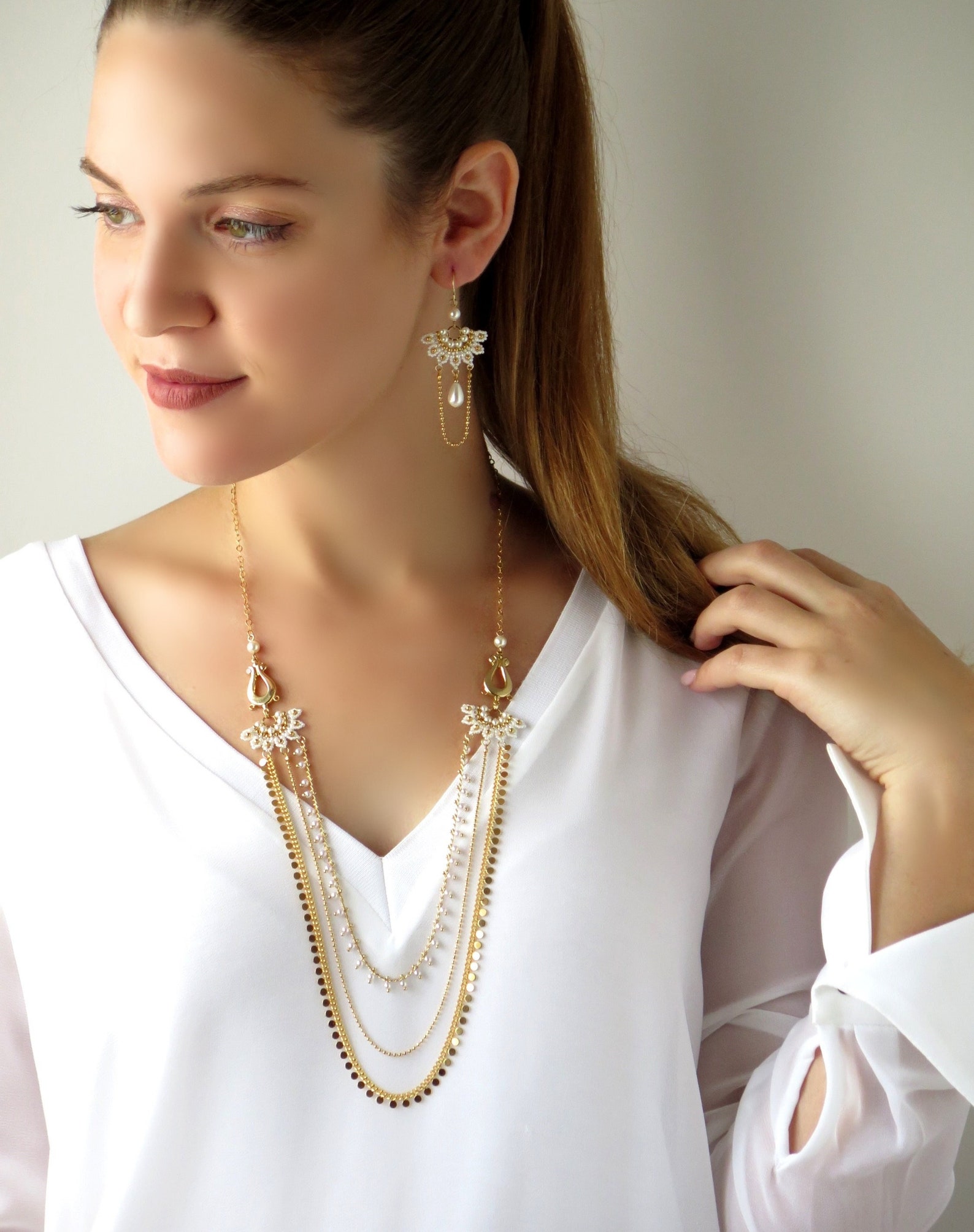 Gold and Pearl Layered Necklace Statement Layer Necklace Etsy