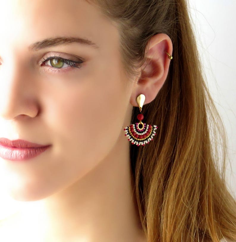 Fan earrings dangle Large stud earrings Black and red beaded Etsy