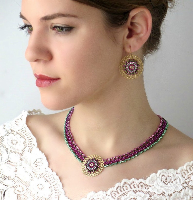 Pink and Green Beaded Mandala Jewelry Sets image 7