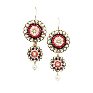 Black & red double circle large beaded earrings, Long dangle earrings, Big funky earrings for women image 3