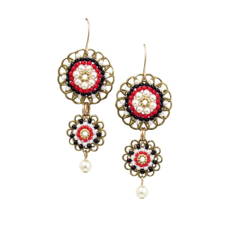 Black & red double circle large beaded earrings, Long dangle earrings, Big funky earrings for women image 3