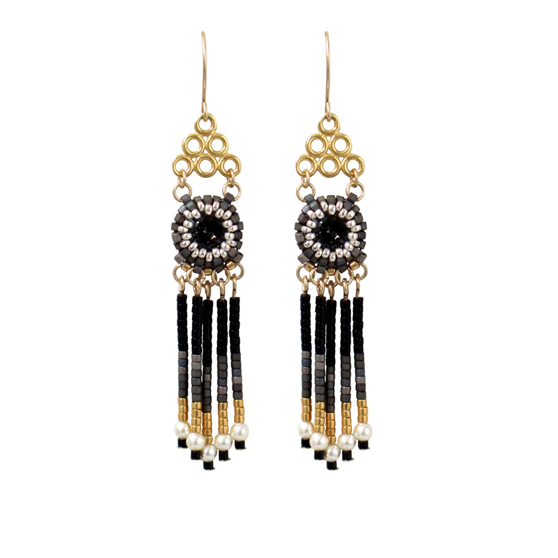 Black and Gold Tassel Earrings Long Tribal Earrings Bead Etsy