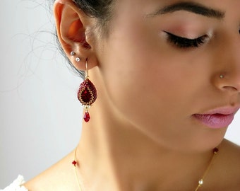 Red crystal drop earrings, Swarovski teardrop earrings, Victorian style earring, Burgundy earrings for mom, Red gold earrings for wife gift