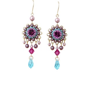 Swarovski Crystal and Pearl Chandelier Earrings, Long Drop in Turquoise and Pink, Boho Chic Fashion for Women, Unique Statement Accessory Chandelier earring