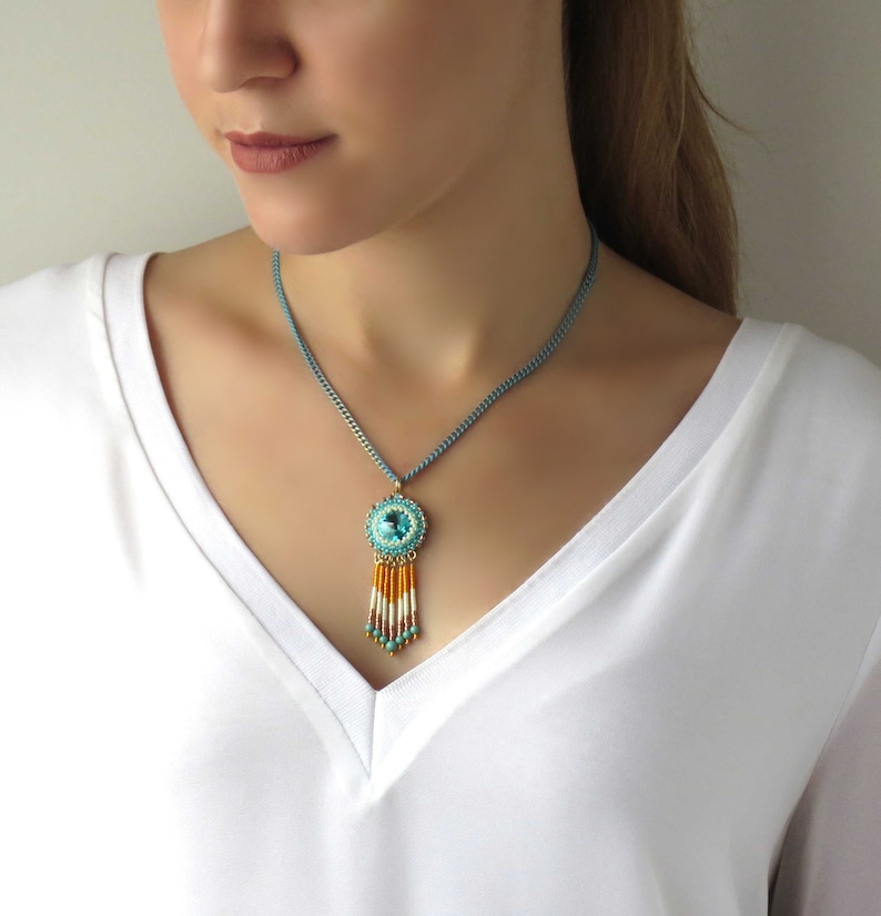 Turquoise & Orange Boho Chic Jewelry Set Women's Beaded Necklace and Earrings, Handmade Bohemian Fashion Accessories, For Summer Festivals image 4
