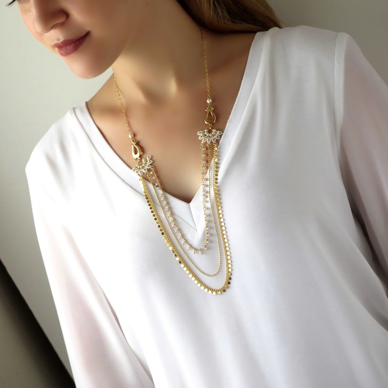 Gold and Pearl Layered Necklace Statement Layer Necklace Etsy