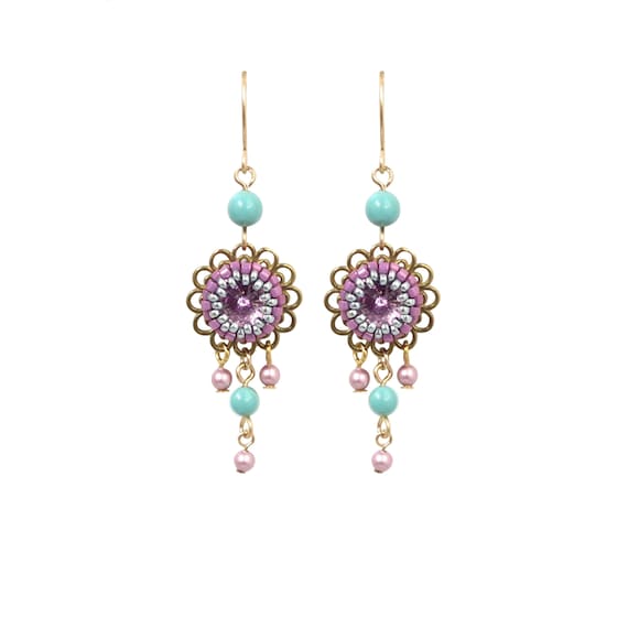 Flower dangle earrings, Pastel earring, Swarovski crystal and pearl earring, Romantic earring, Delicate chandelier earring, Sister gift idea