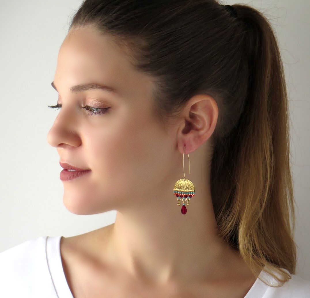 Red and Gold Jewelry Set Boho Necklace and Earring Set Etsy