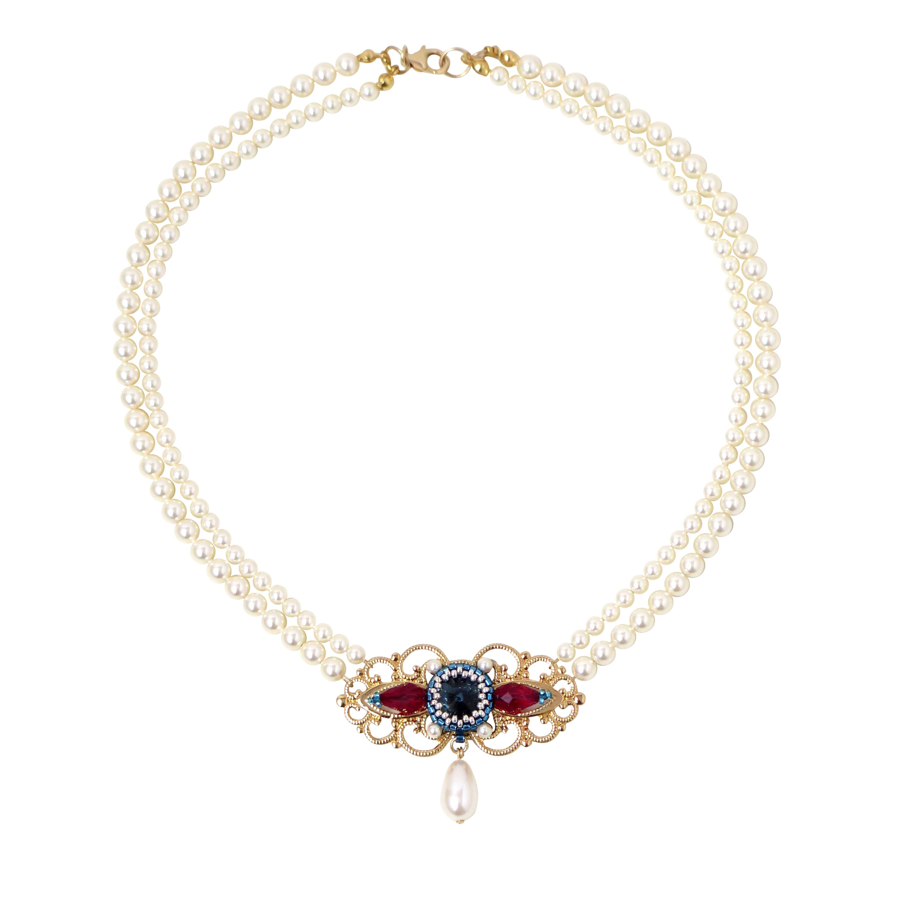 Gelaagde Strass Halsketting Met Parel Hanger - Zilveren Choker Bruiloftssieraad