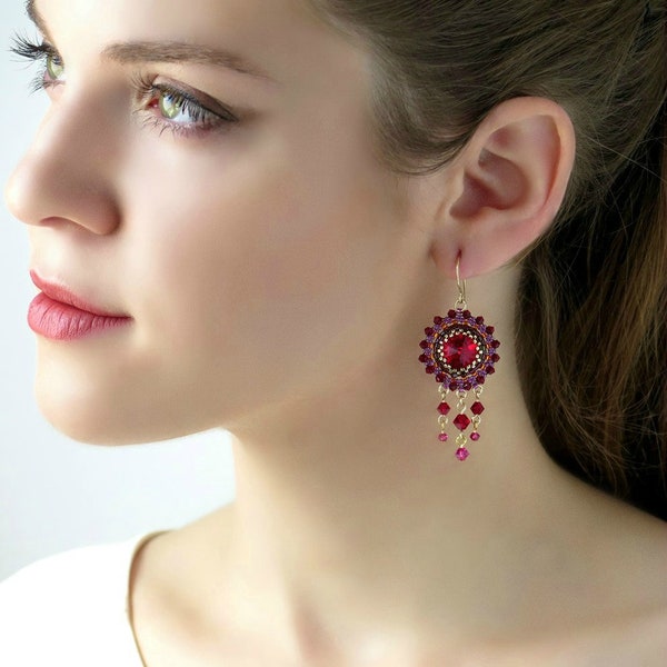 Swarovski Crystal Red Beaded Chandelier Earrings, Statement Jewelry for Women, Handcrafted Unique Design, Ideal for Special Occasions