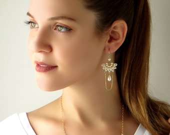 Bridal chandelier earrings, Statement wedding earrings, Gold and pearl earrings, Unique bridal earrings