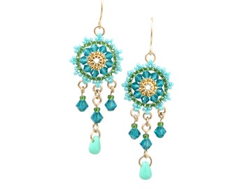 Turquoise dangle earrings, Boho chic Swarovski crystal earring, Fashion earrings gold, Beaded jewelry for women, Delicate chandelier earring