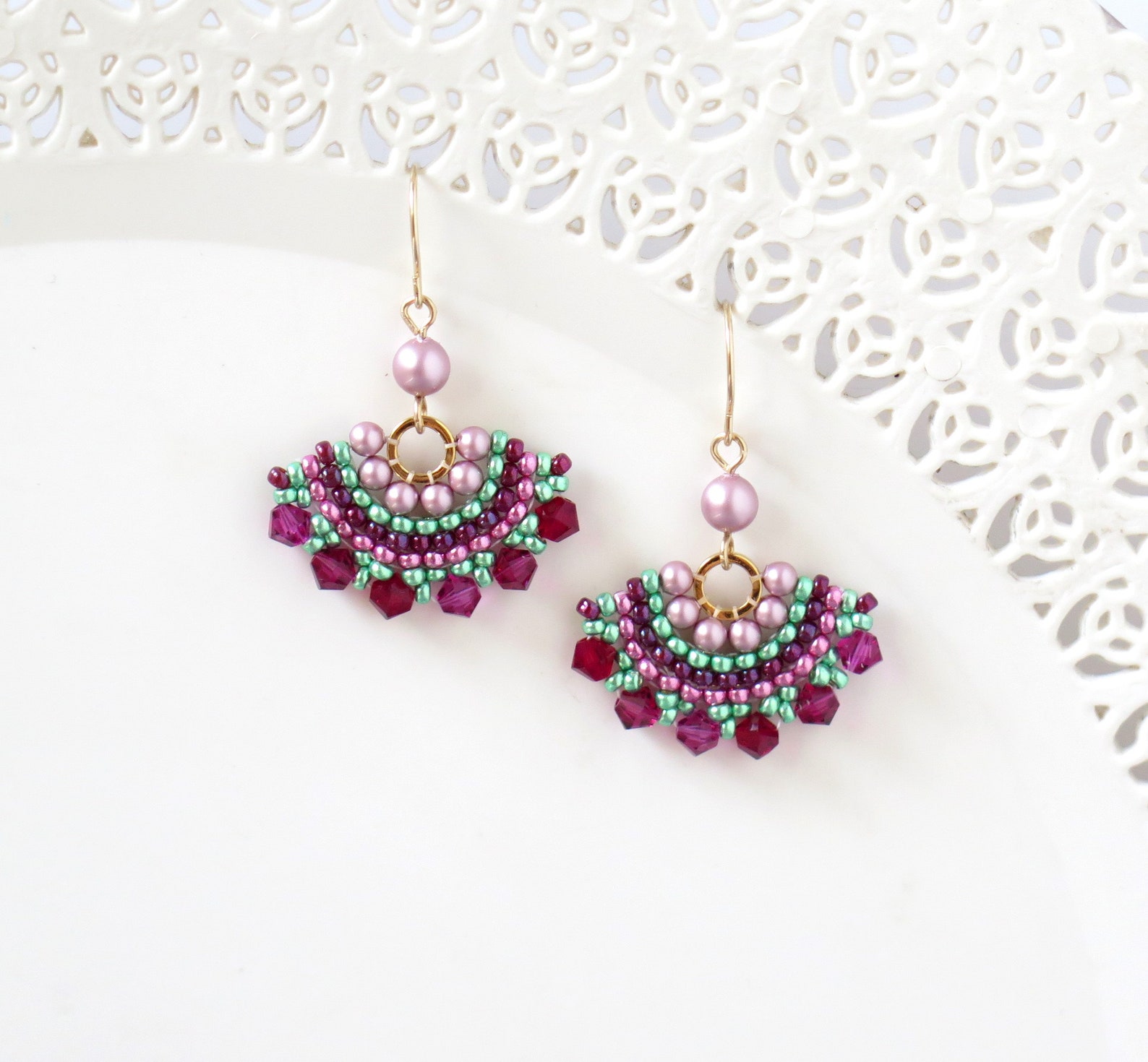 Pink & Green Earrings Fan Earrings Swarovski Crystal and Etsy Canada