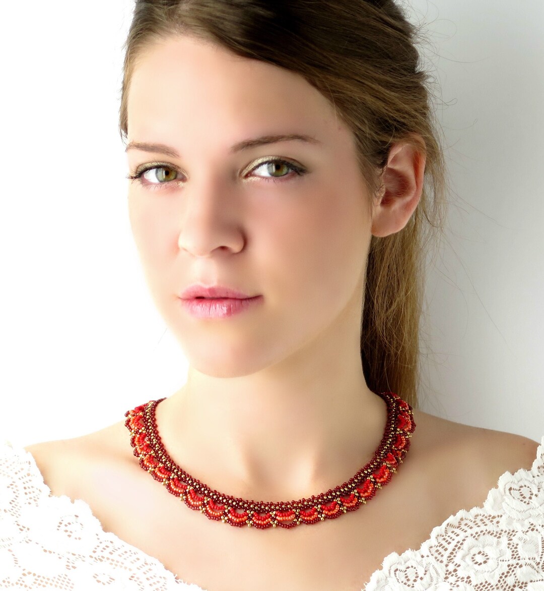 Red Statement Necklace, Seed Bead Necklace, Red and Orange Collar