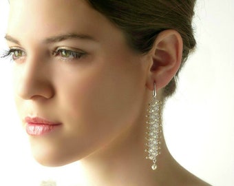 Long bridal earrings, Statement pearl earrings, Swarovski crystal bridal earrings, Wedding dress jewelry, Beaded earrings for bride